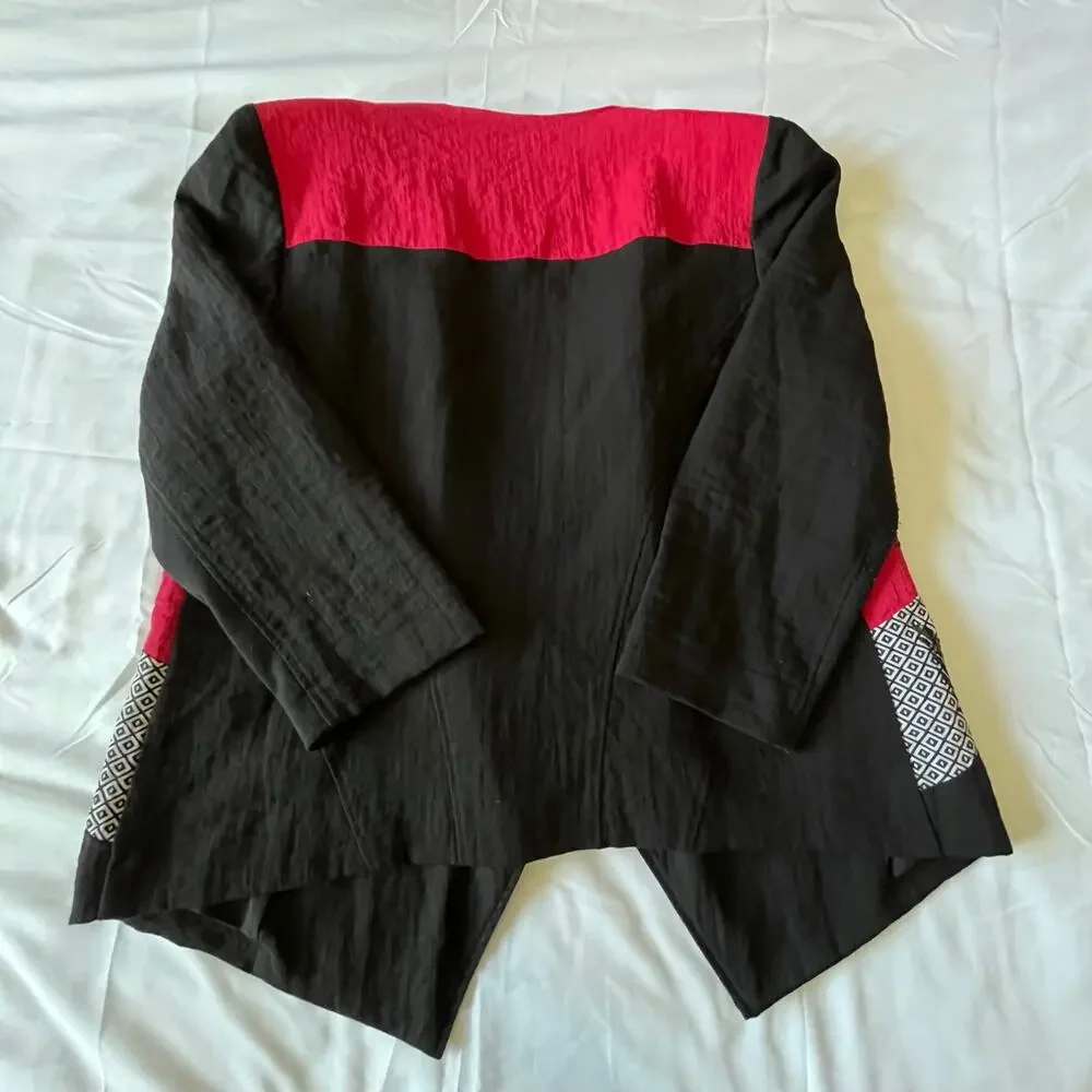 Chico's Size 2 Black Open Front Sequin Embroidered Jacket Cardigan Floral